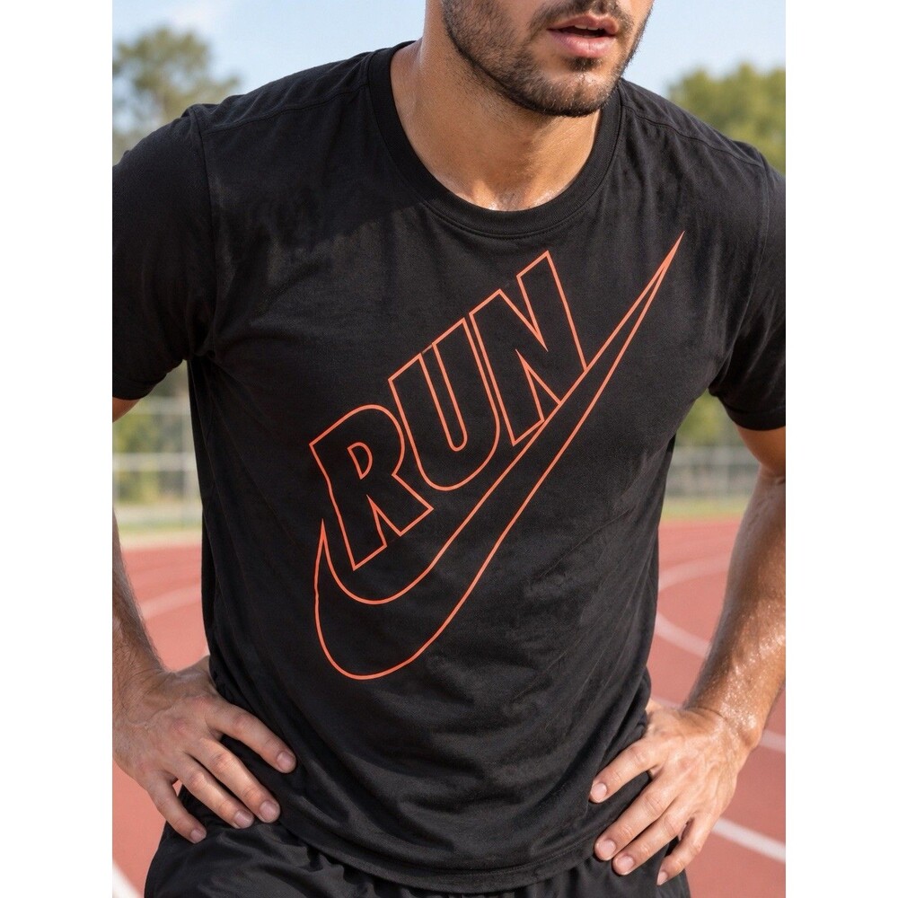 Nike Run Swoosh Men’s XL Black Orange Graphic T-Shirt Regular Fit 100% Cotton
